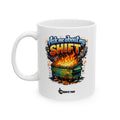 "Ask Me About My Shift" Sarcastic Dumpster Fire Mug – Hilarious Office Humor Gift for Burnt-Out Coworkers & Shift-Work Warriors
